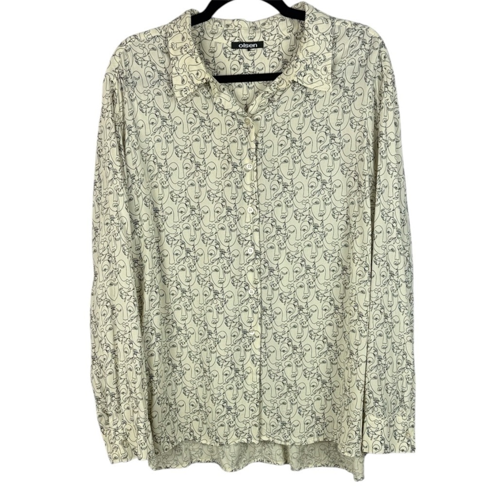 Olsen Cream and Black Stylish Artistic Face Design Long Sleeve XL Blouse
